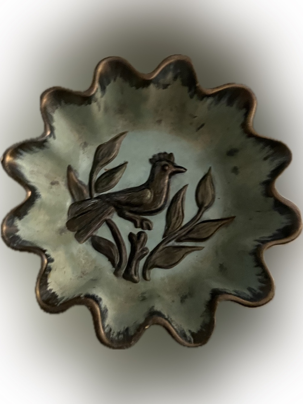 Handmade Folk Art Pottery Bird Bowl Rustic Cottagecore Scalloped Dish